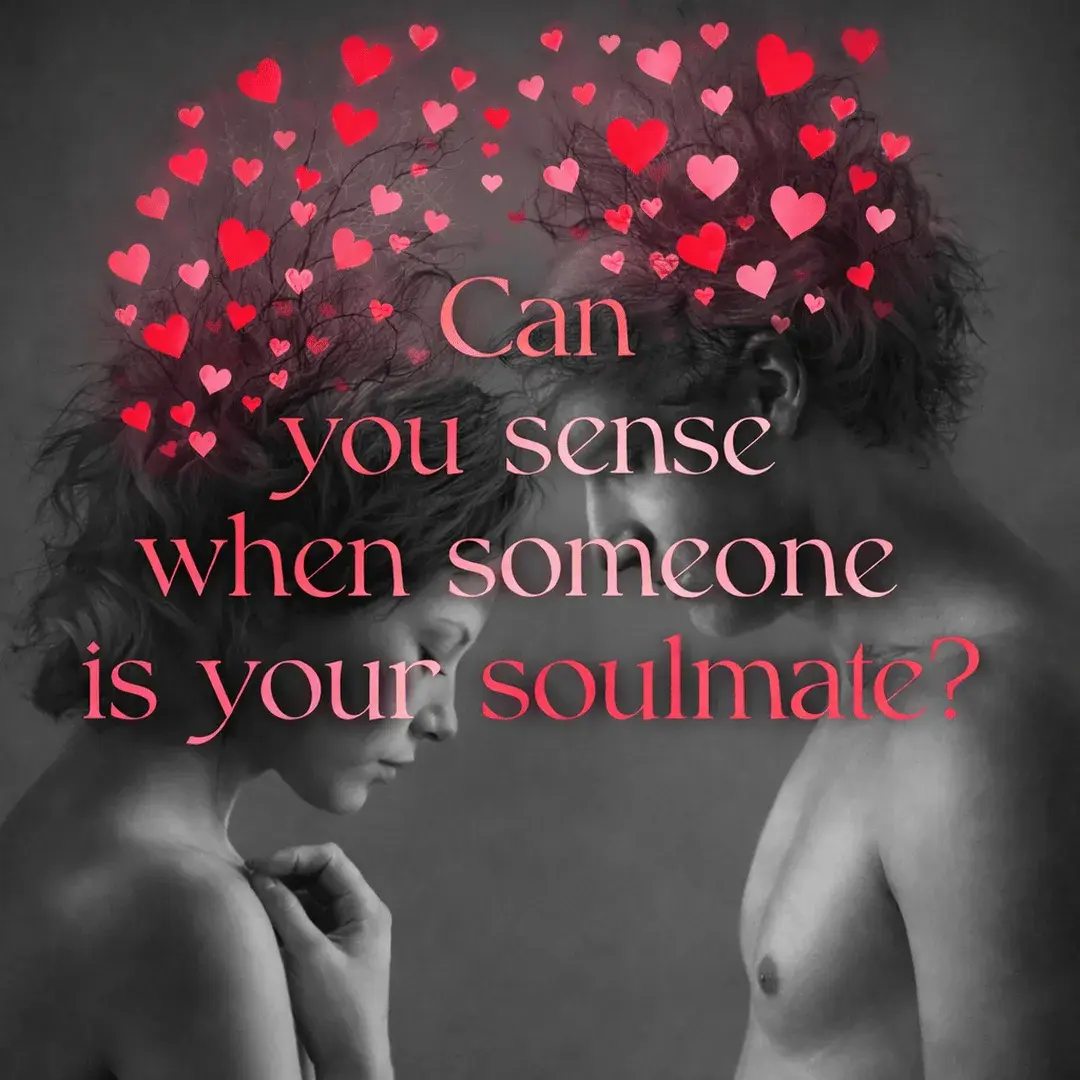 Man and woman facing each other with hearts rising above their heads representing intuitive soulmate connection and emotional awareness