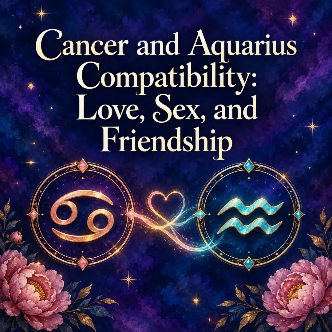 Cancer and Aquarius symbols joined by a glowing heart