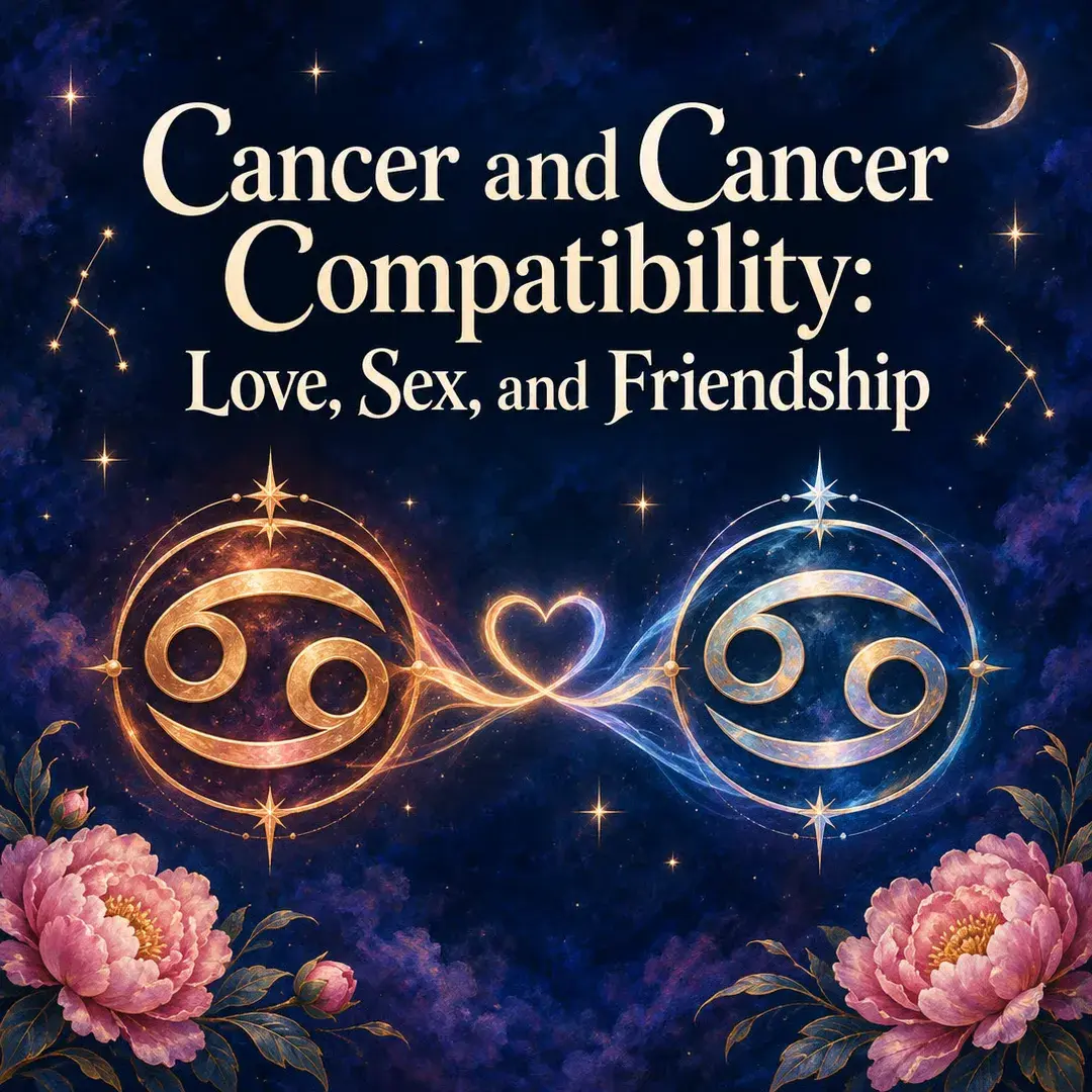 Two Cancer symbols joined by a glowing heart under a crescent moon