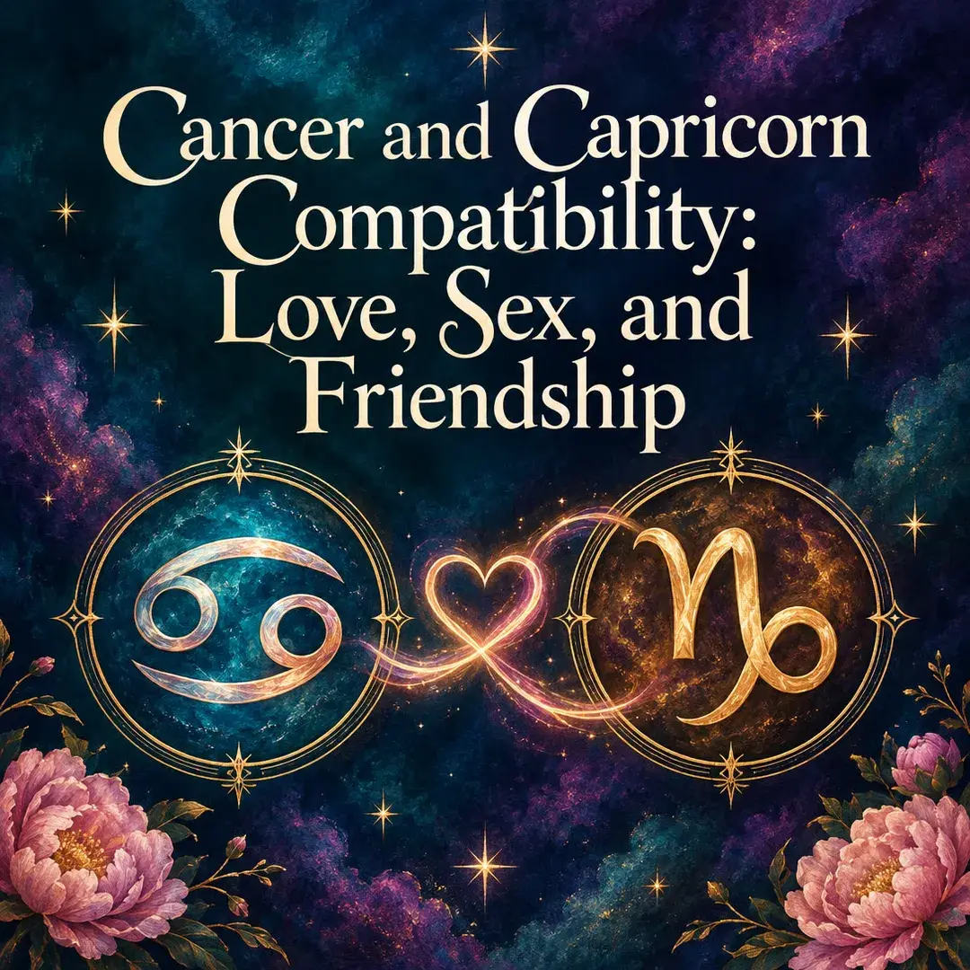 Cancer and Capricorn symbols joined by a glowing heart with peonies