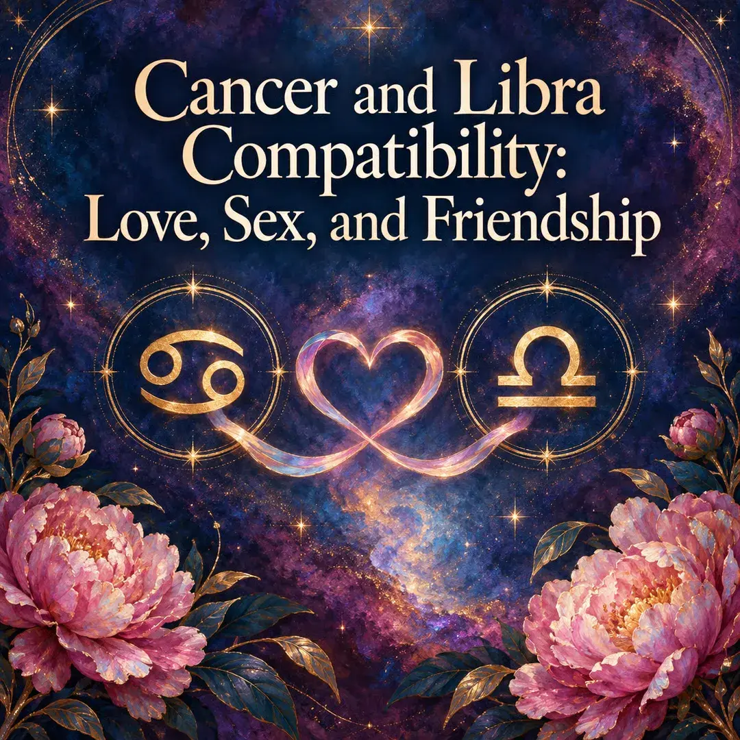 Cancer and Libra symbols joined by a glowing heart with peonies