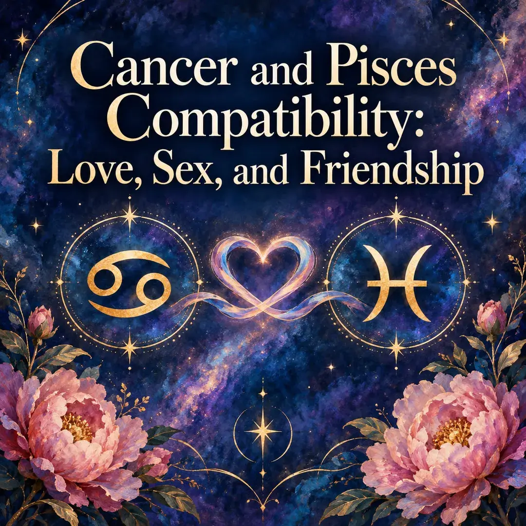 Cancer and Pisces symbols joined by a glowing heart with peonies