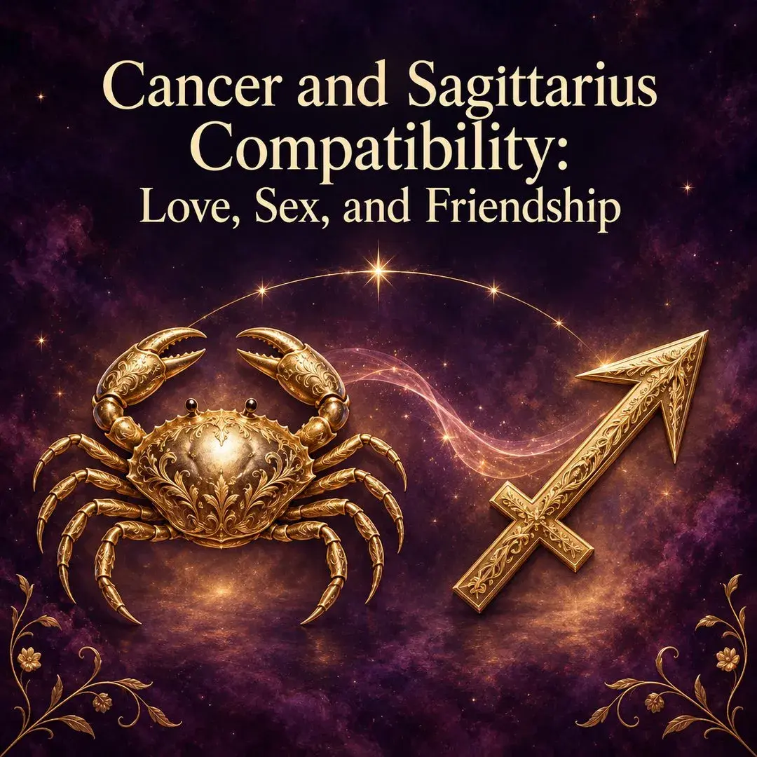 Gold crab and Sagittarius arrow linked by light on a purple sky