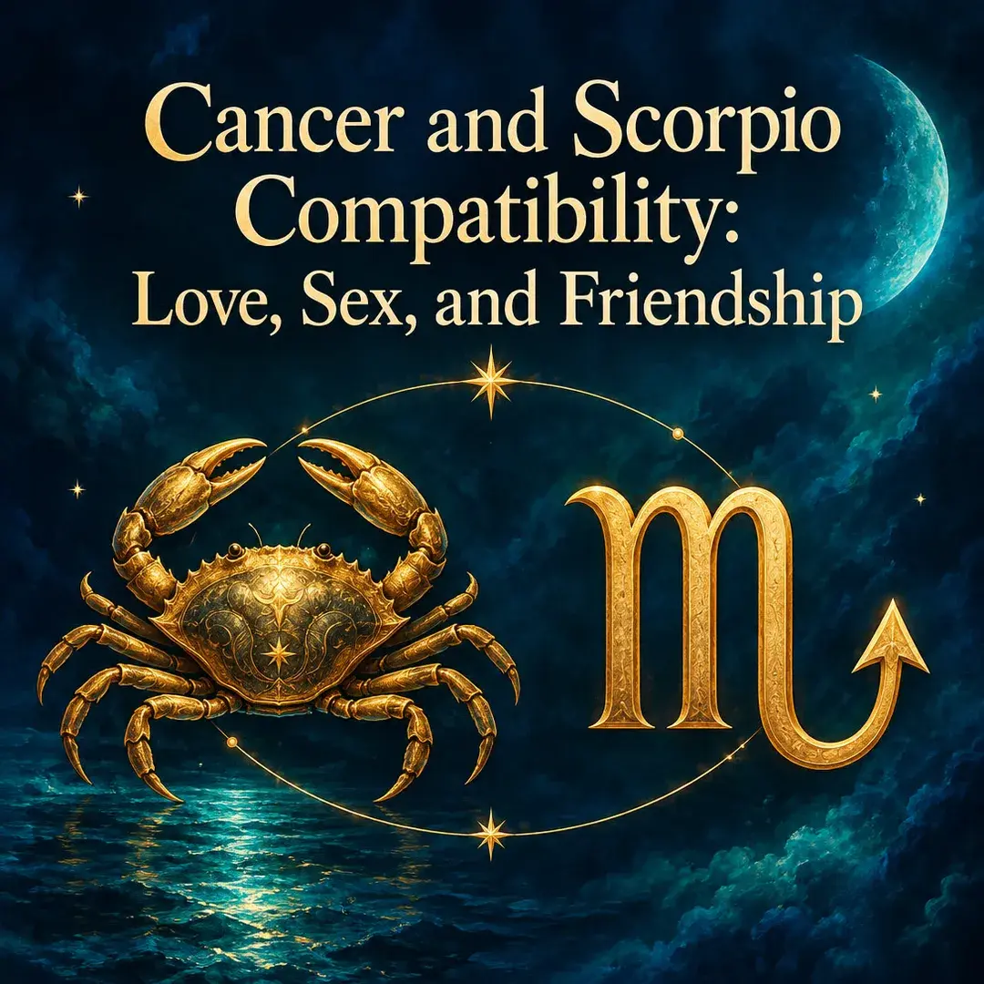 Golden crab beside the Scorpio symbol over moonlit water