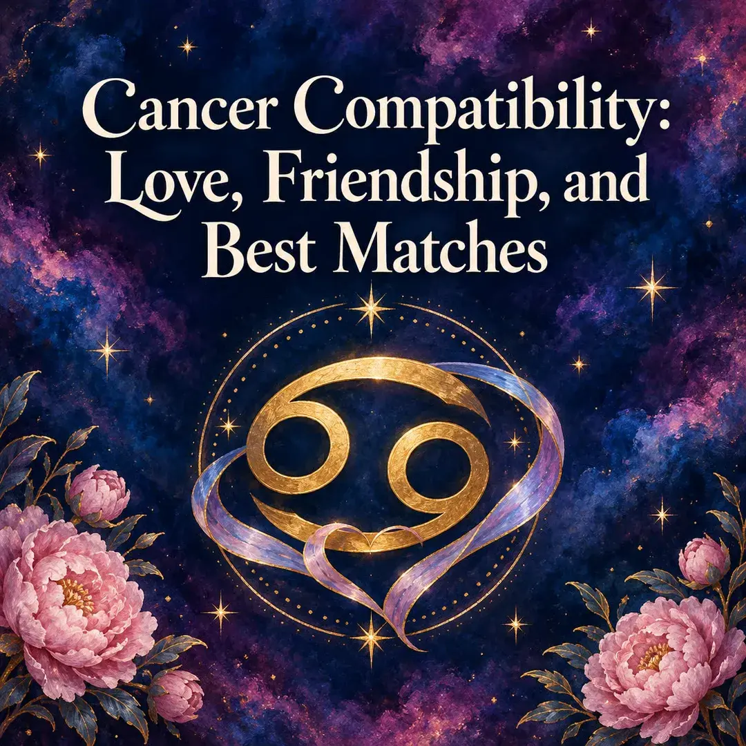 Gold Cancer symbol wrapped in ribbon with pink peonies