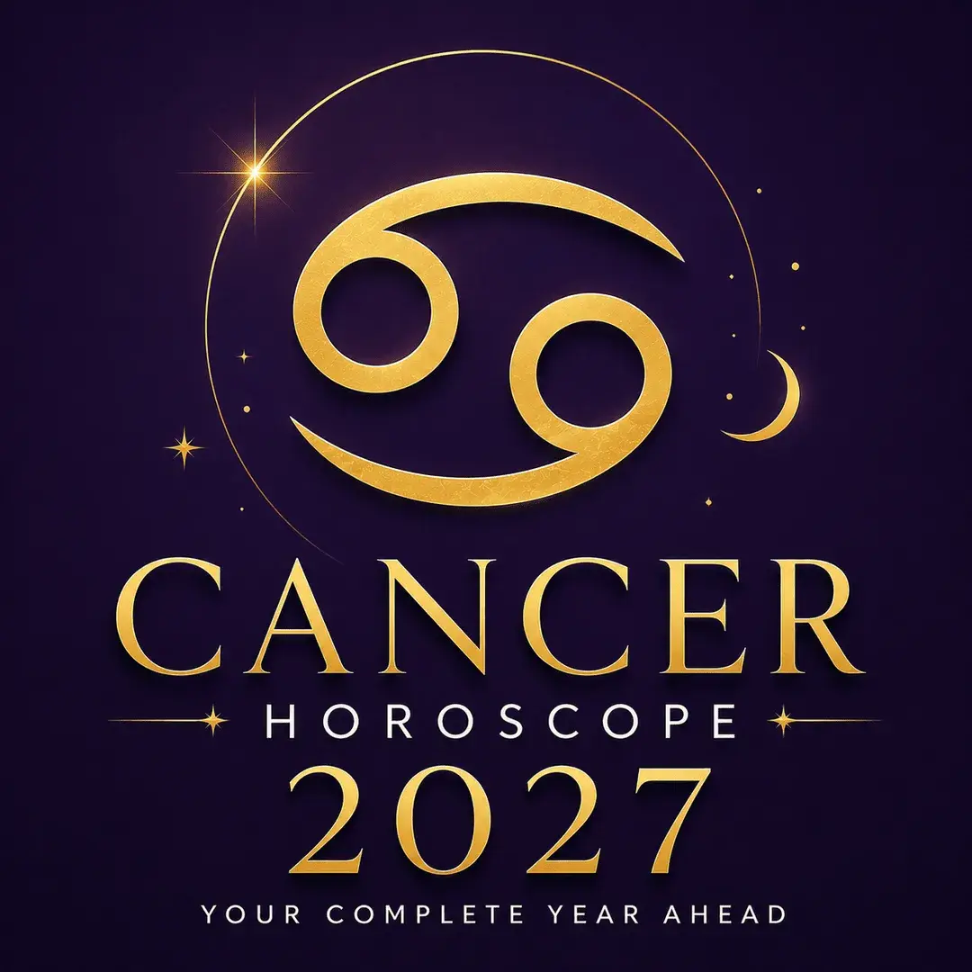 Gold Cancer zodiac symbol on a deep violet background with “Cancer Horoscope 2027: Your Complete Year Ahead.”