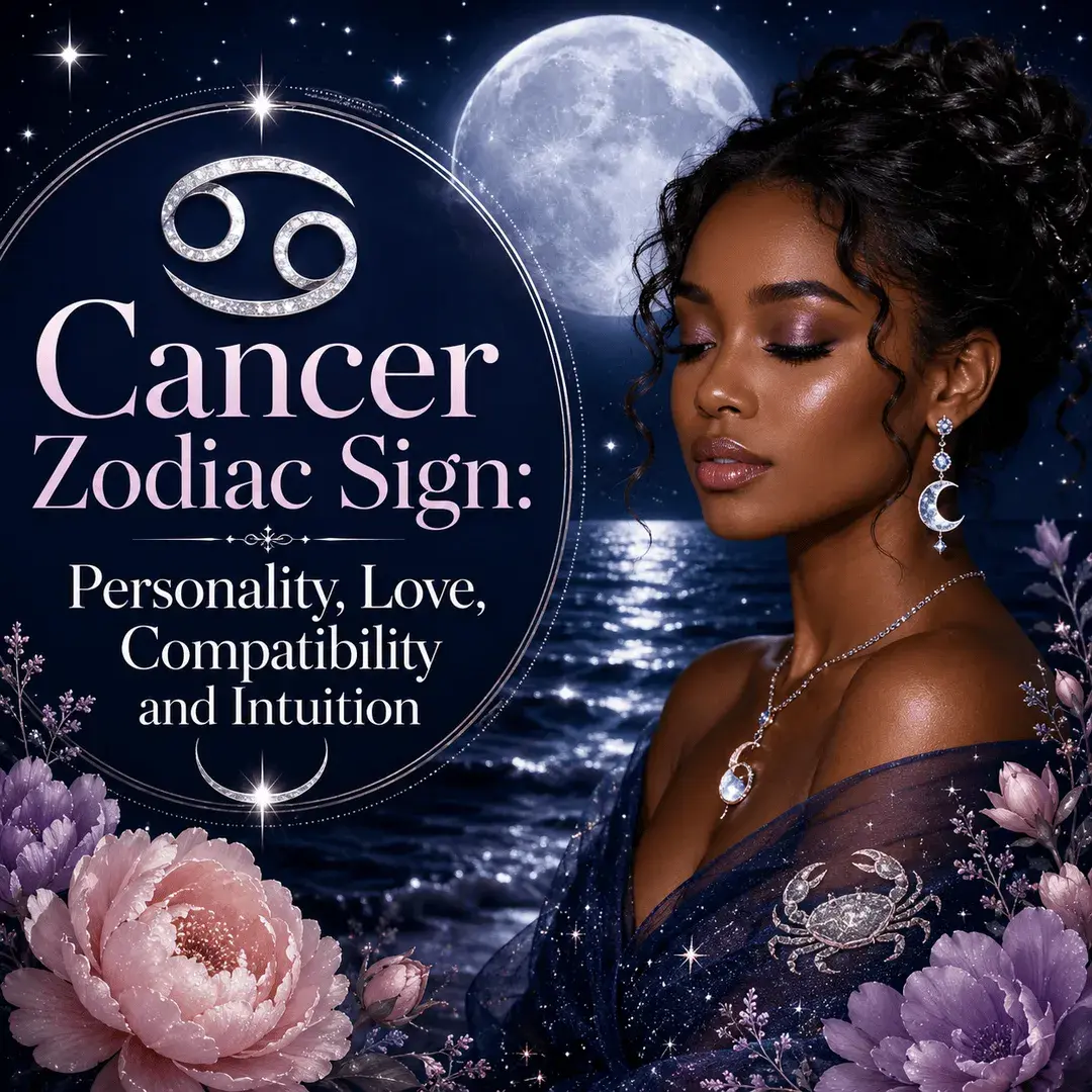 Cancer Zodiac Sign astrology graphic featuring a woman, Cancer symbol, glowing full moon, moonlit water, and flowers with the title Personality, Love, Compatibility and Intuition.