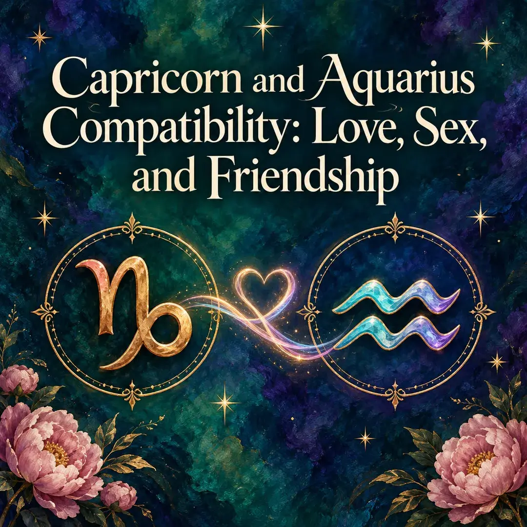 Capricorn and Aquarius symbols joined by a glowing heart with peonies