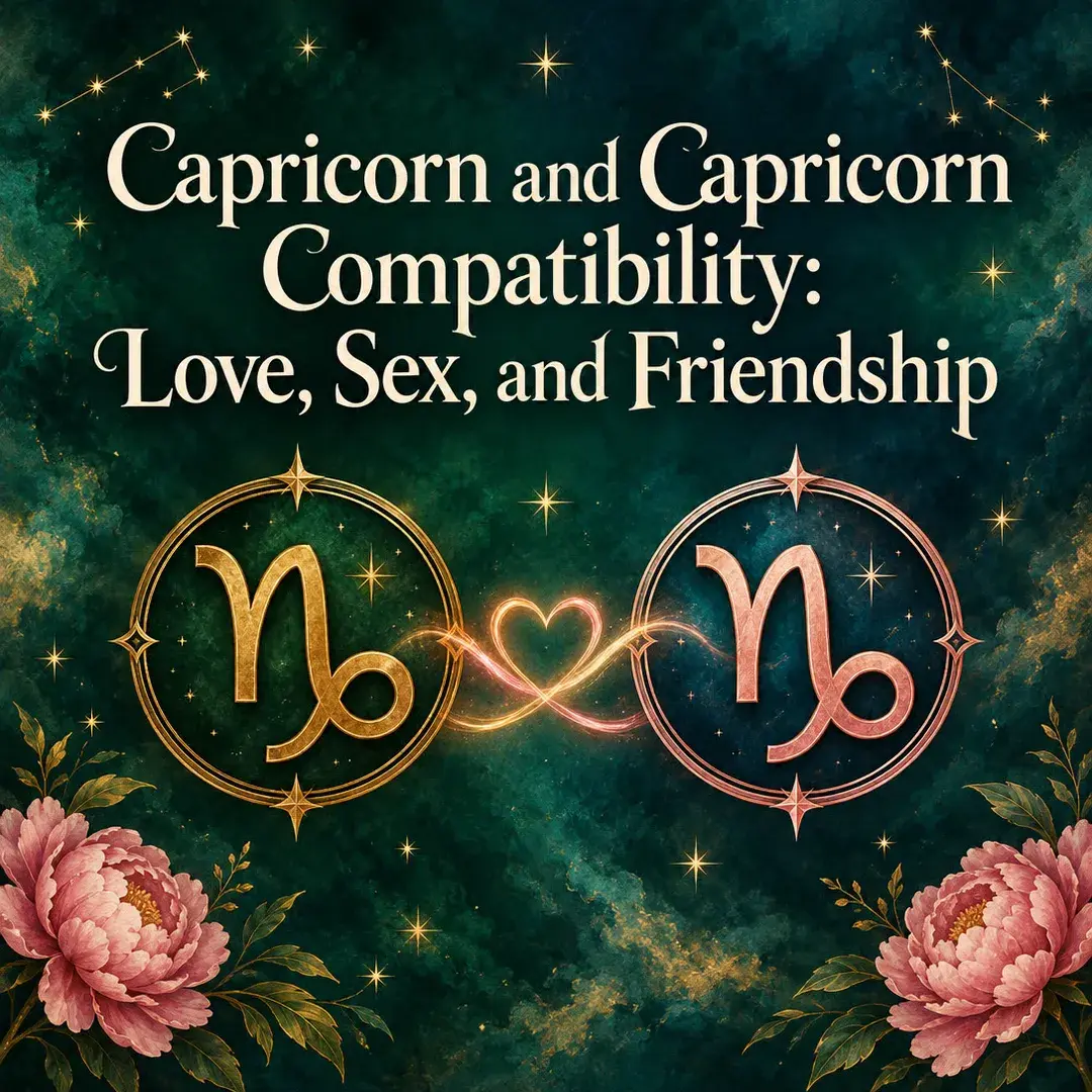 Two Capricorn symbols joined by a glowing heart on deep green