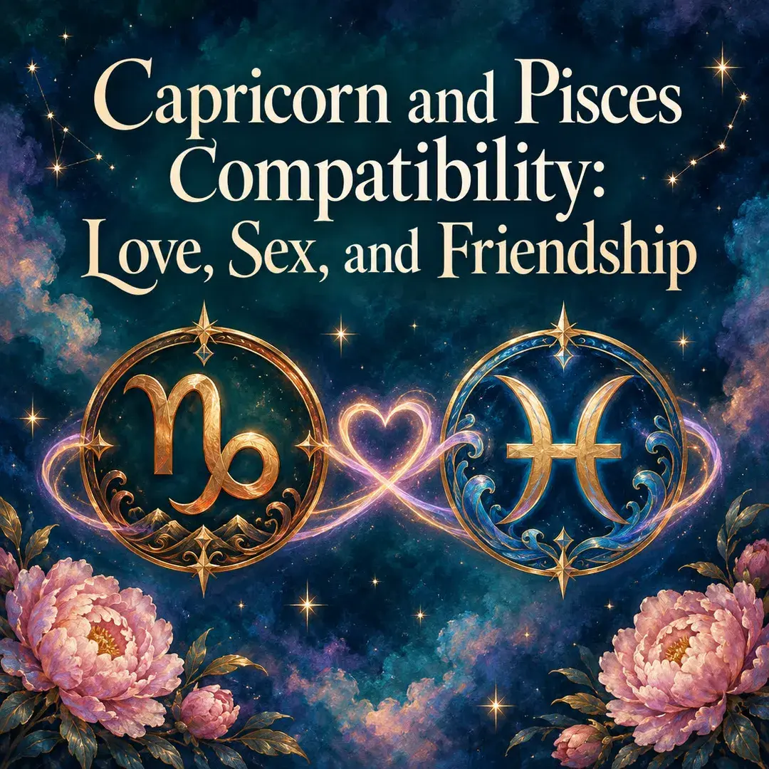 Capricorn and Pisces symbols joined by a glowing heart
