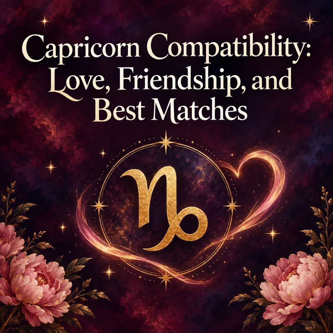 Gold Capricorn symbol wrapped in a glowing heart ribbon