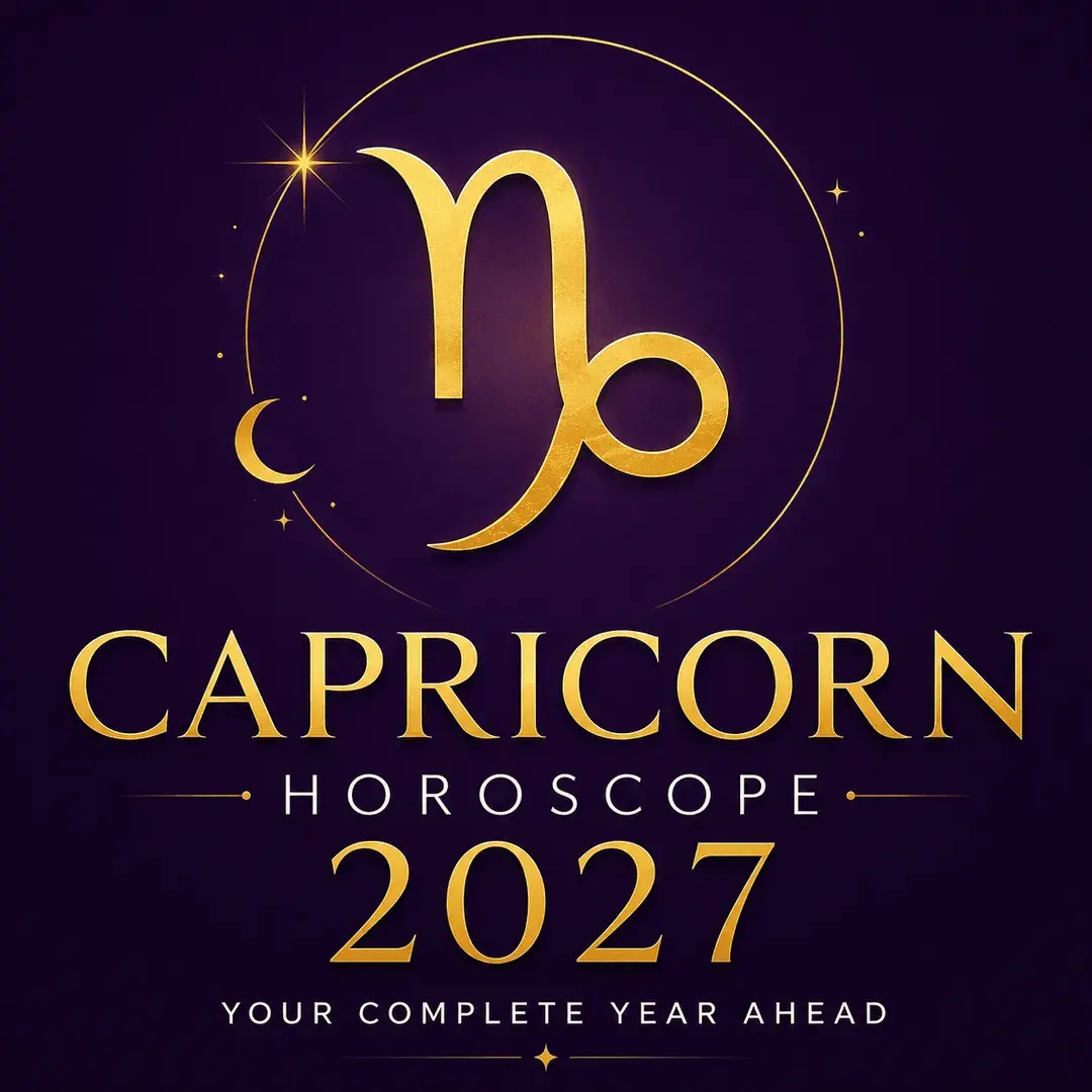 Gold Capricorn zodiac symbol on a deep violet background with “Capricorn Horoscope 2027: Your Complete Year Ahead.”