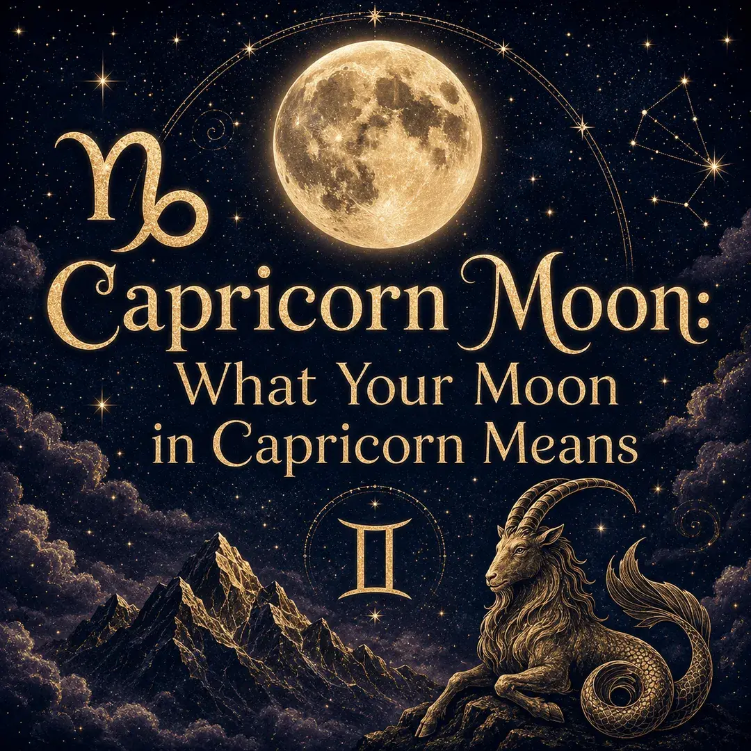 Celestial Capricorn Moon graphic with a glowing full moon, Capricorn symbol, golden sea-goat, mountains, and stars.