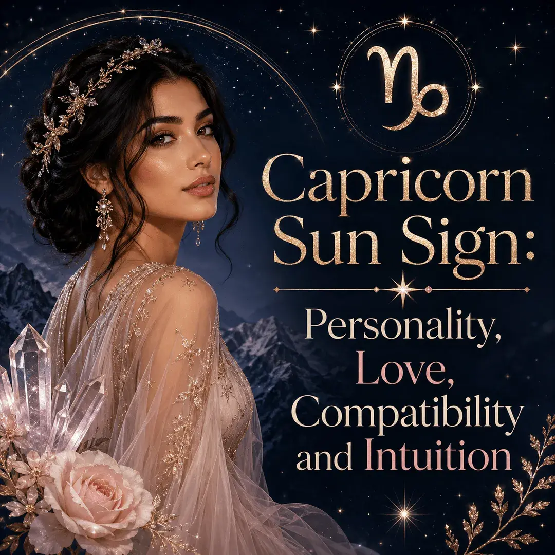 Capricorn Sun Sign astrology graphic featuring a woman, Capricorn symbol, celestial stars, crystals, flowers, and the title Personality, Love, Compatibility and Intuition.