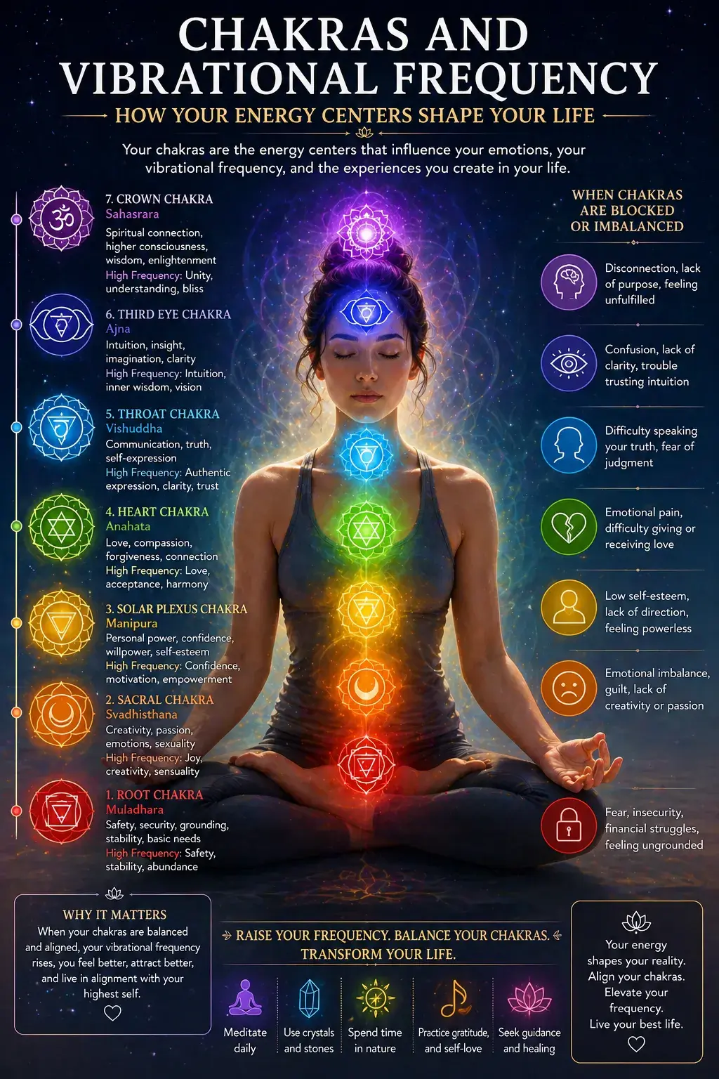 Infographic of a meditating person with seven chakras aligned from root to crown, explaining how energy centers affect vibrational frequency, emotions, and life patterns