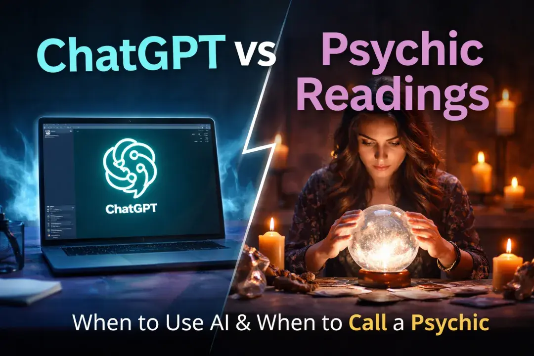 Split image showing ChatGPT on a laptop contrasted with a professional psychic reading by candlelight, illustrating when to use AI guidance versus human psychic insight.