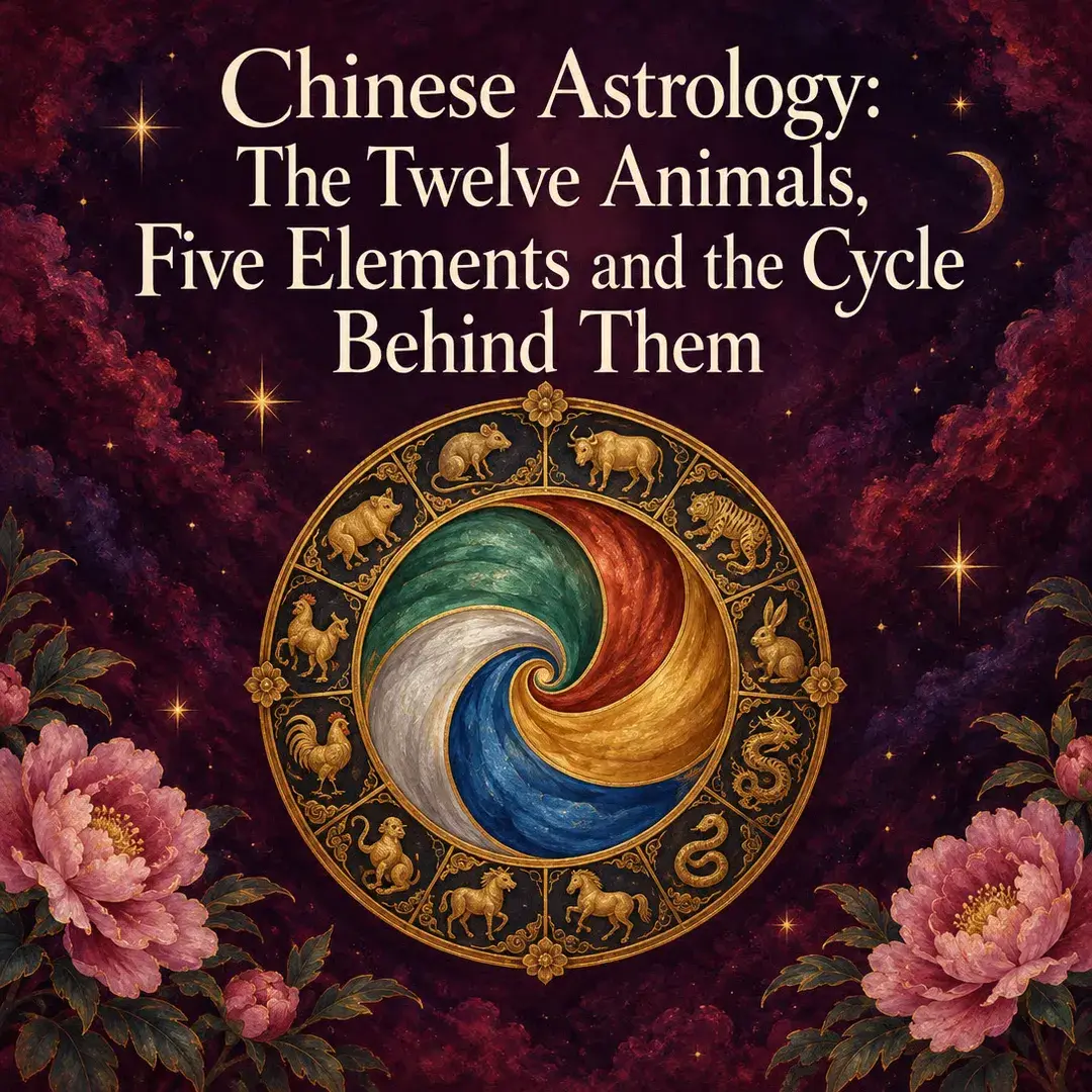 Gold wheel of the twelve Chinese zodiac animals around a five element swirl