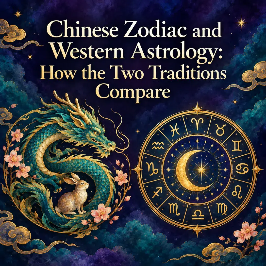 Jade dragon beside a gold Western zodiac wheel