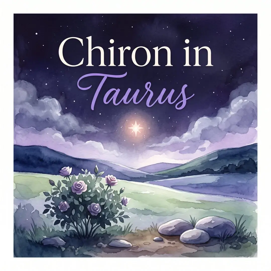 Chiron in Taurus: a glowing star over a moonlit pasture with a blooming rose bush and smooth stones