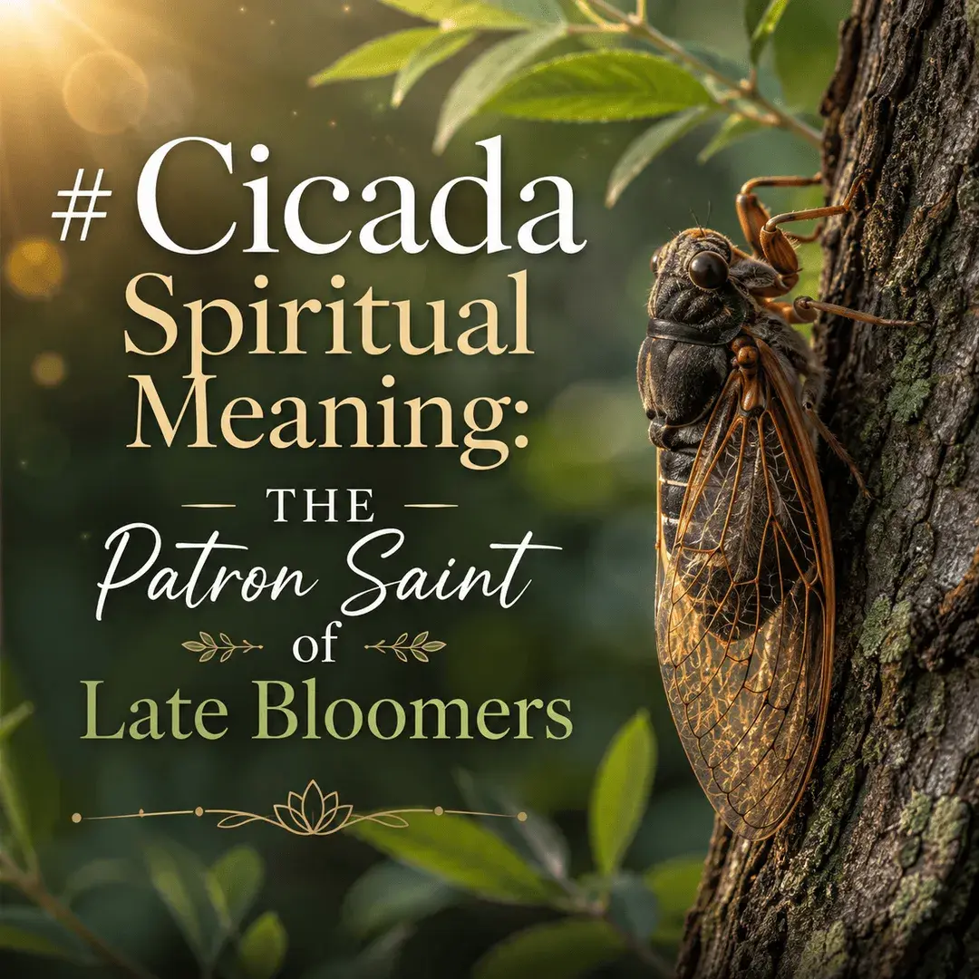 Cicada spiritual meaning illustration showing a cicada as a symbol of transformation, patience, renewal, personal growth, and blooming in your own time.