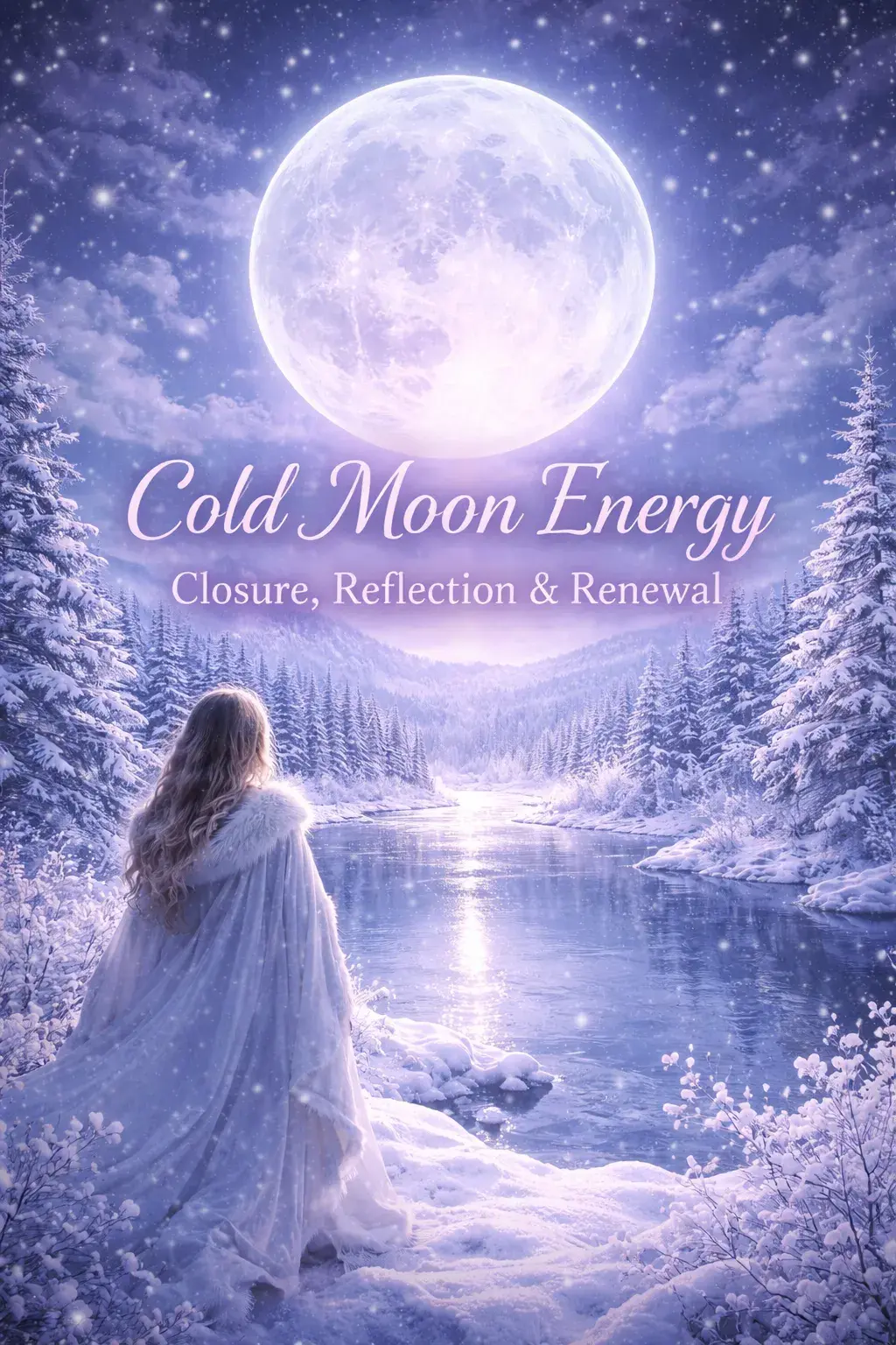 Mystical Cold Moon illustration with a woman by a snowy river under a glowing full moon representing closure reflection and emotional renewal