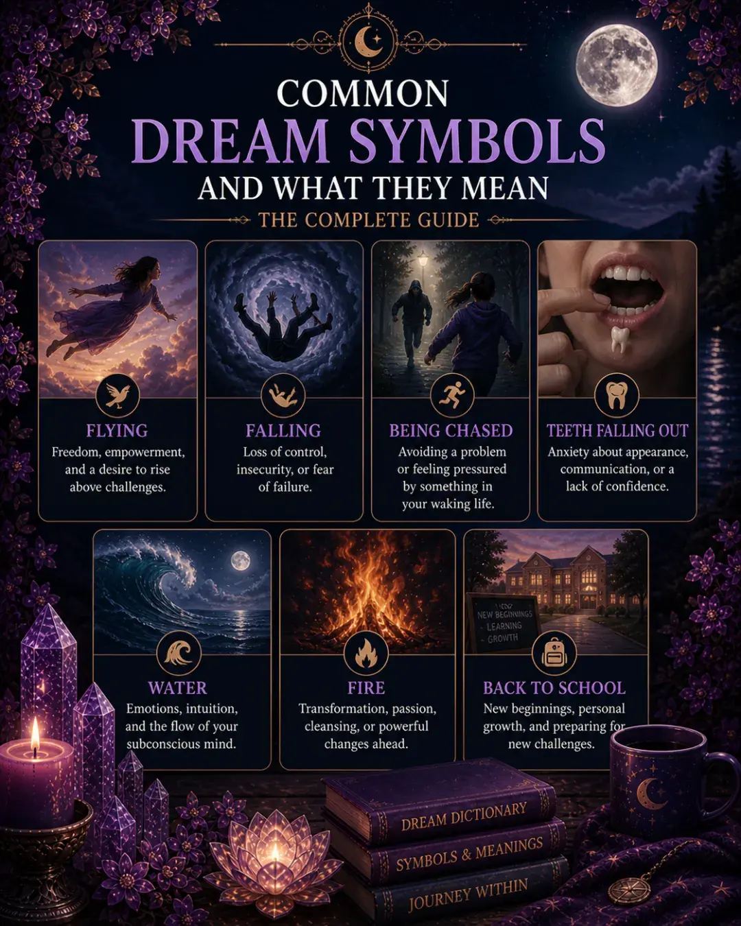 Common dream symbols guide with flying, falling, being chased, teeth falling out, water, fire, and back to school in a mystical purple design.