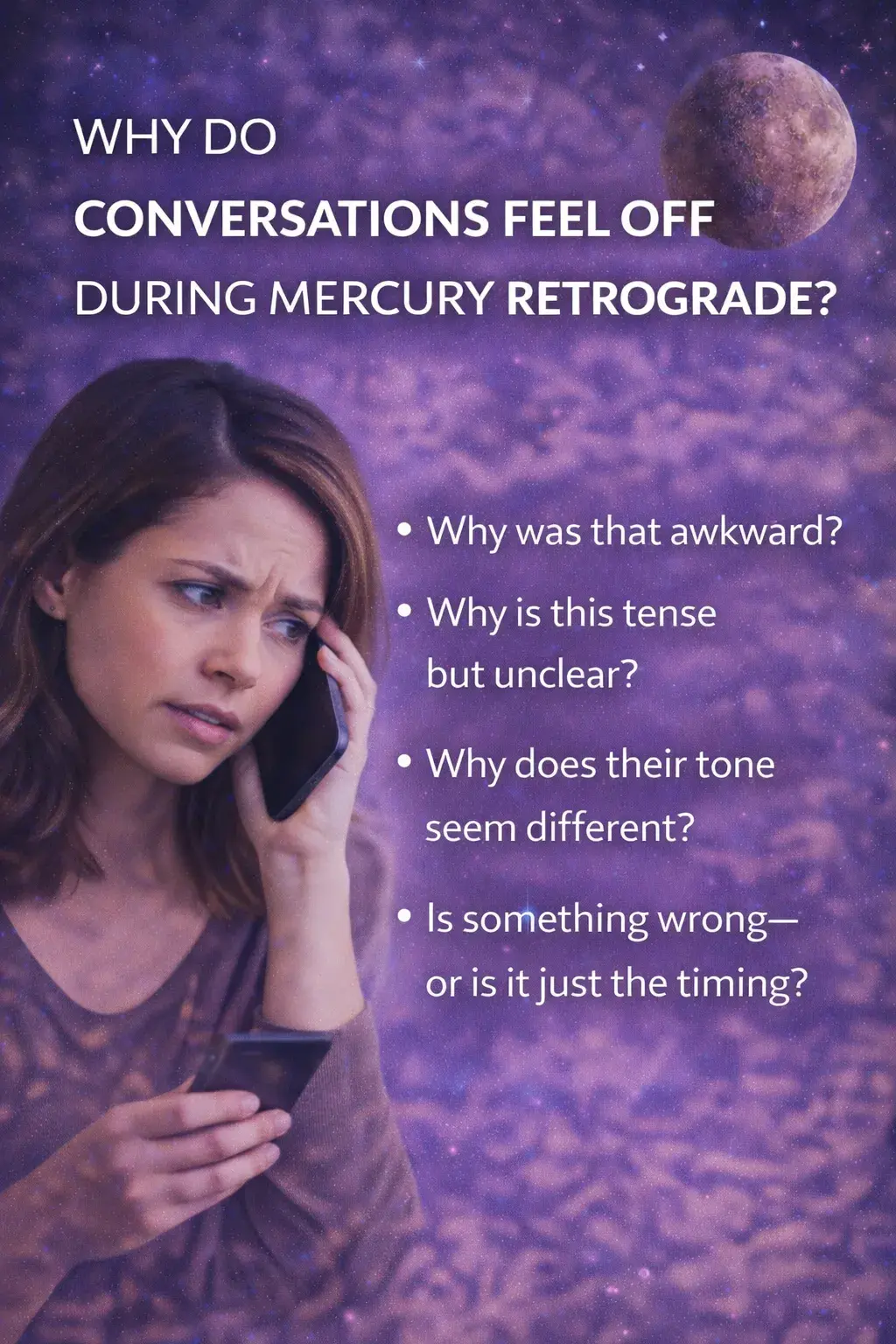 woman on a phone call feeling awkward and confused during Mercury retrograde with cosmic purple background