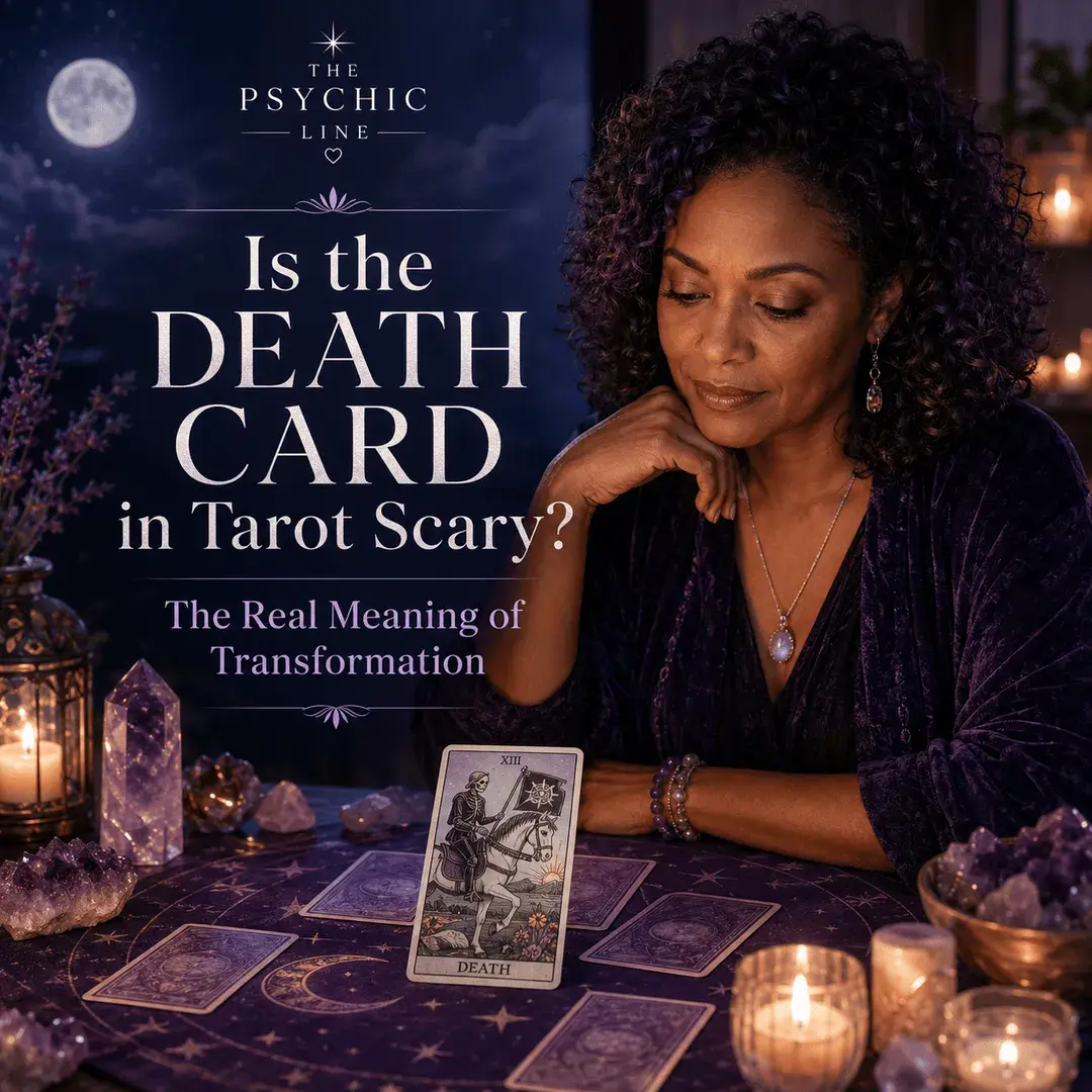 woman reflecting over a tarot spread with the Death card, symbolizing transformation, change, and spiritual guidance.