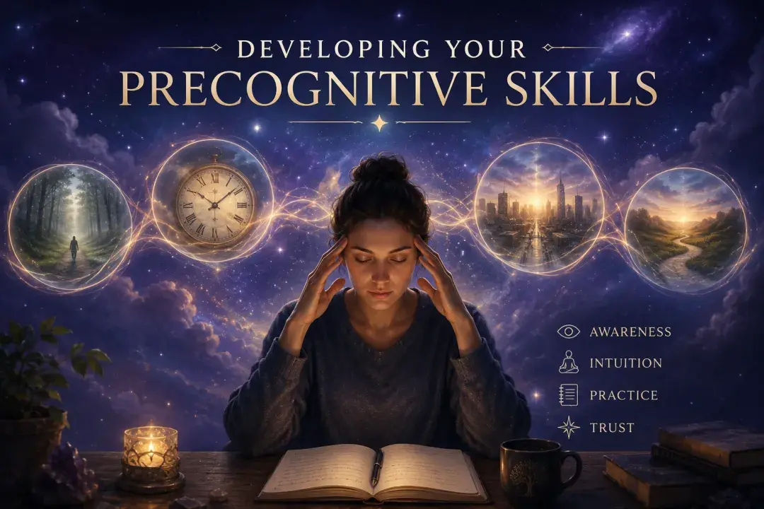 Woman practicing precognitive skills through meditation, journaling, intuition, and awareness.