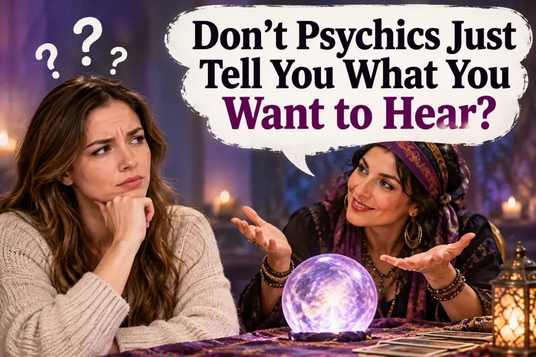 A skeptical woman questions a psychic during a reading, with a glowing crystal ball and purple mystical background. Text reads, “Don't Psychics Just Tell You What You Want to Hear?”