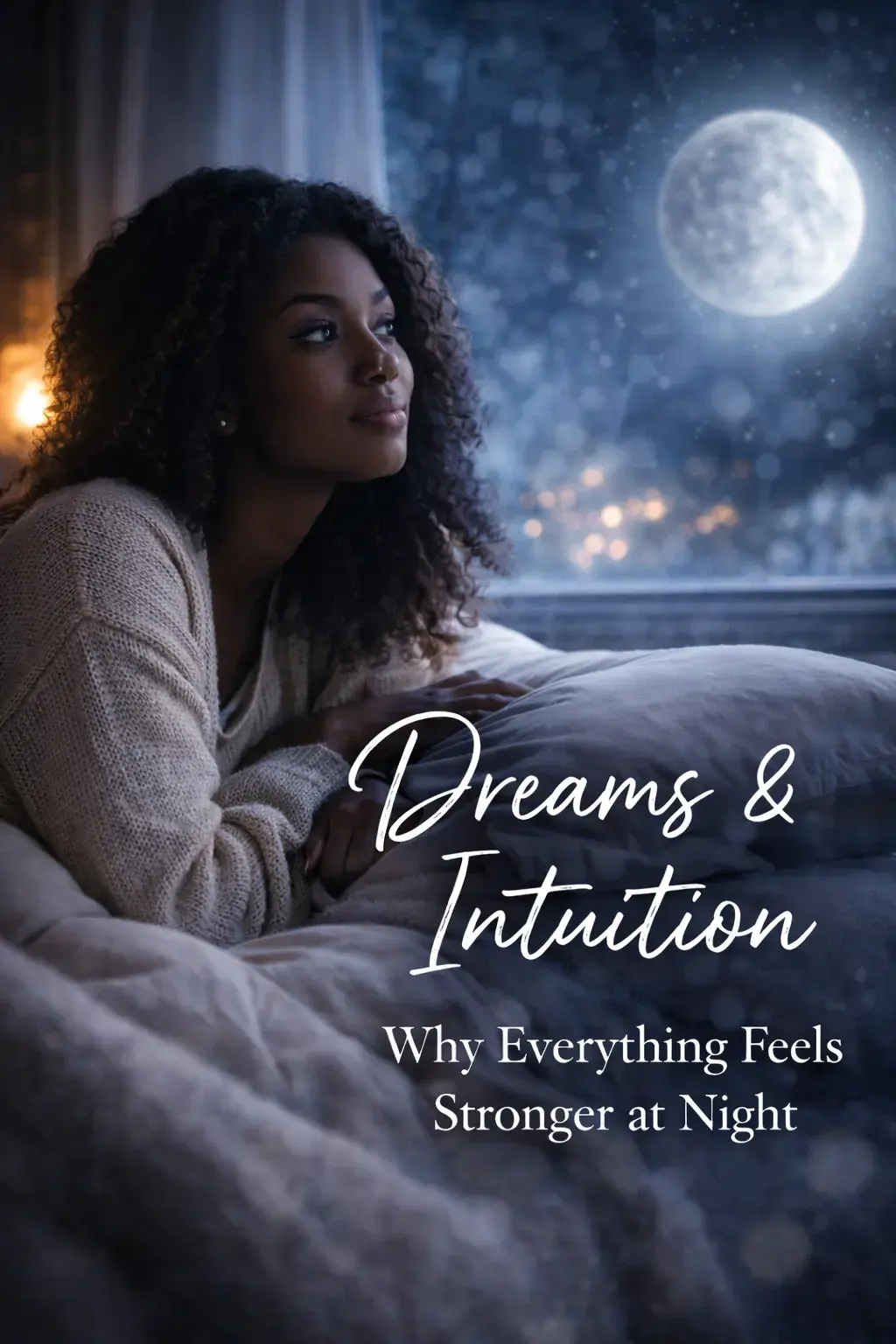 Black woman lying awake at night gazing at the moon, symbolizing intense dreams, heightened intuition, and emotional awareness during winter.
