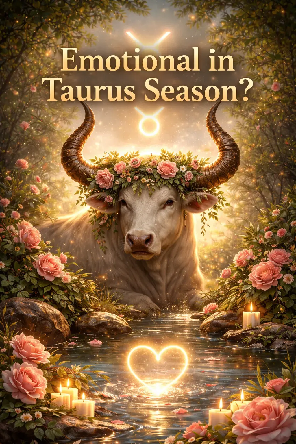 Taurus astrology symbol with bull surrounded by roses and glowing water representing emotional energy during Taurus season