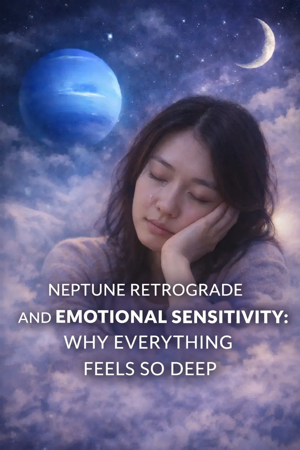 woman feeling deep emotional sensitivity during Neptune retrograde with tears, cosmic sky, and dreamy Neptune imagery