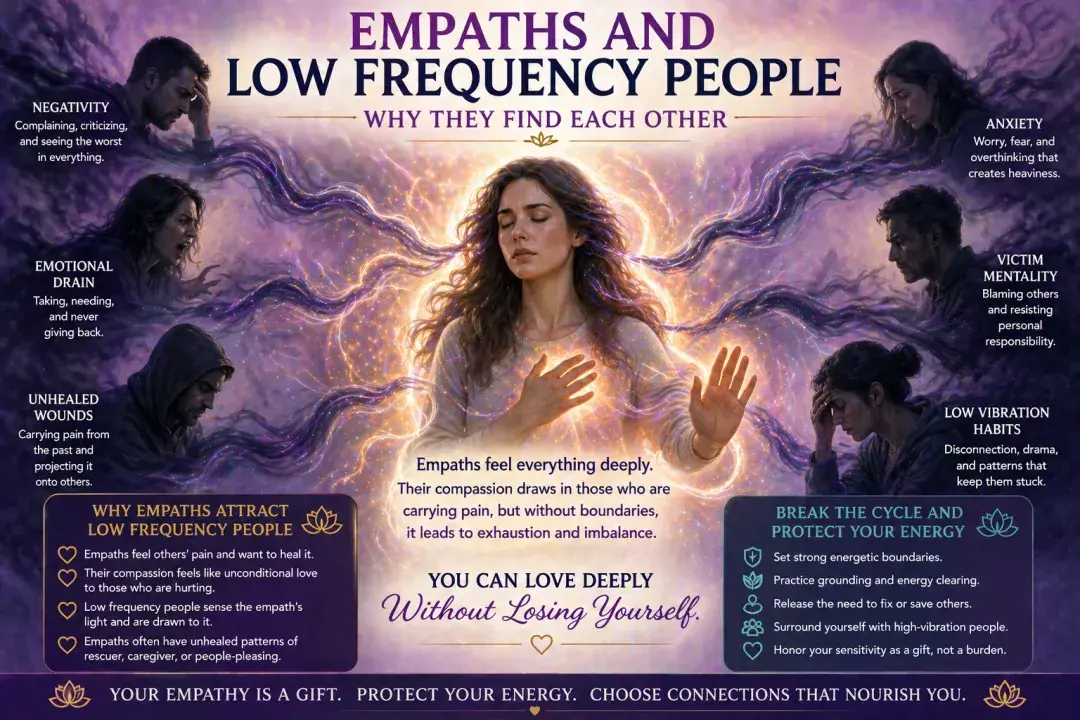 Empath absorbing emotional energy from low frequency people, surrounded by negative energy patterns like anxiety, emotional drain, and unhealed wounds