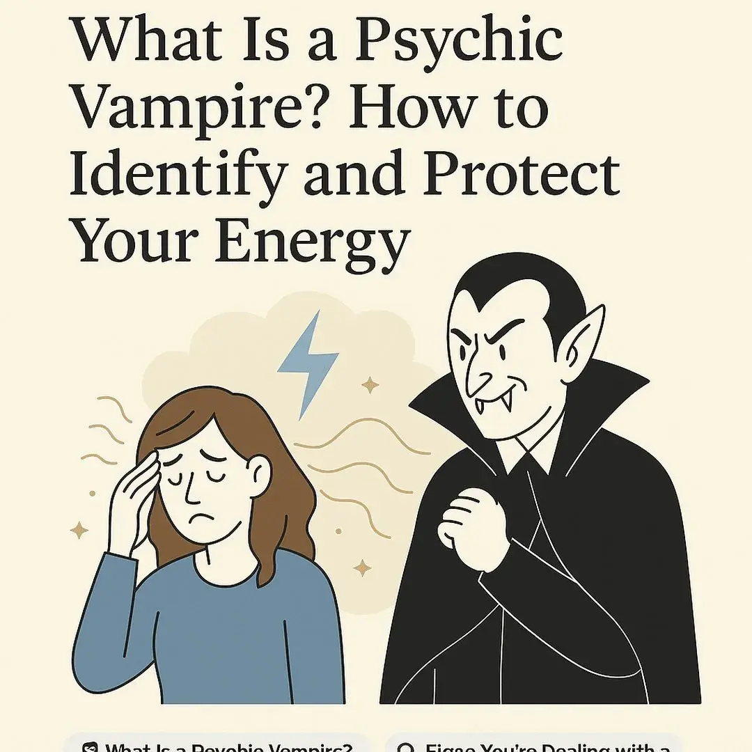 A flat-style digital illustration depicts a person shielding themselves from swirling, dark energy tendrils representing a psychic vampire. The figure stands in a protective glowing bubble of light, symbolizing personal boundaries and energy protection.