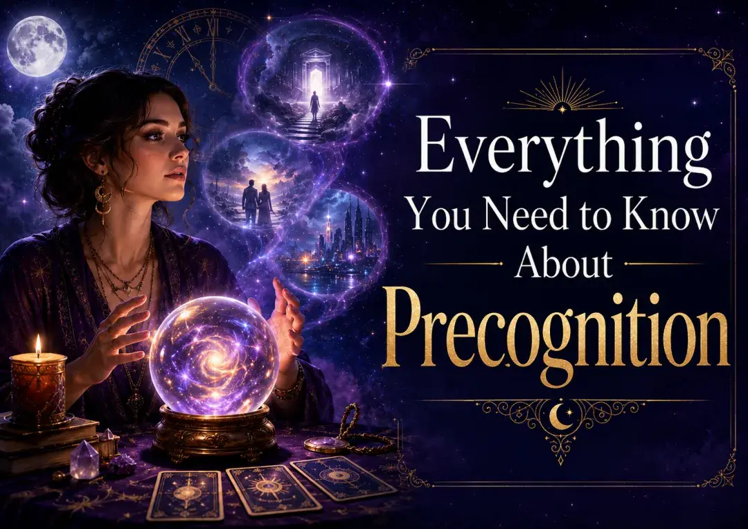 Psychic gazes into a glowing crystal ball with visions of the future and the words “Everything You Need to Know About Precognition.”