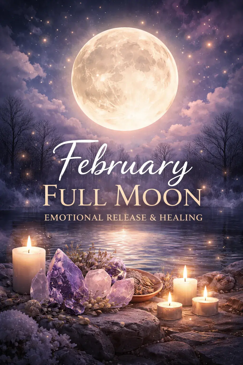 February full moon glowing over calm water, symbolizing emotional release, healing, and heightened feelings during the full moon