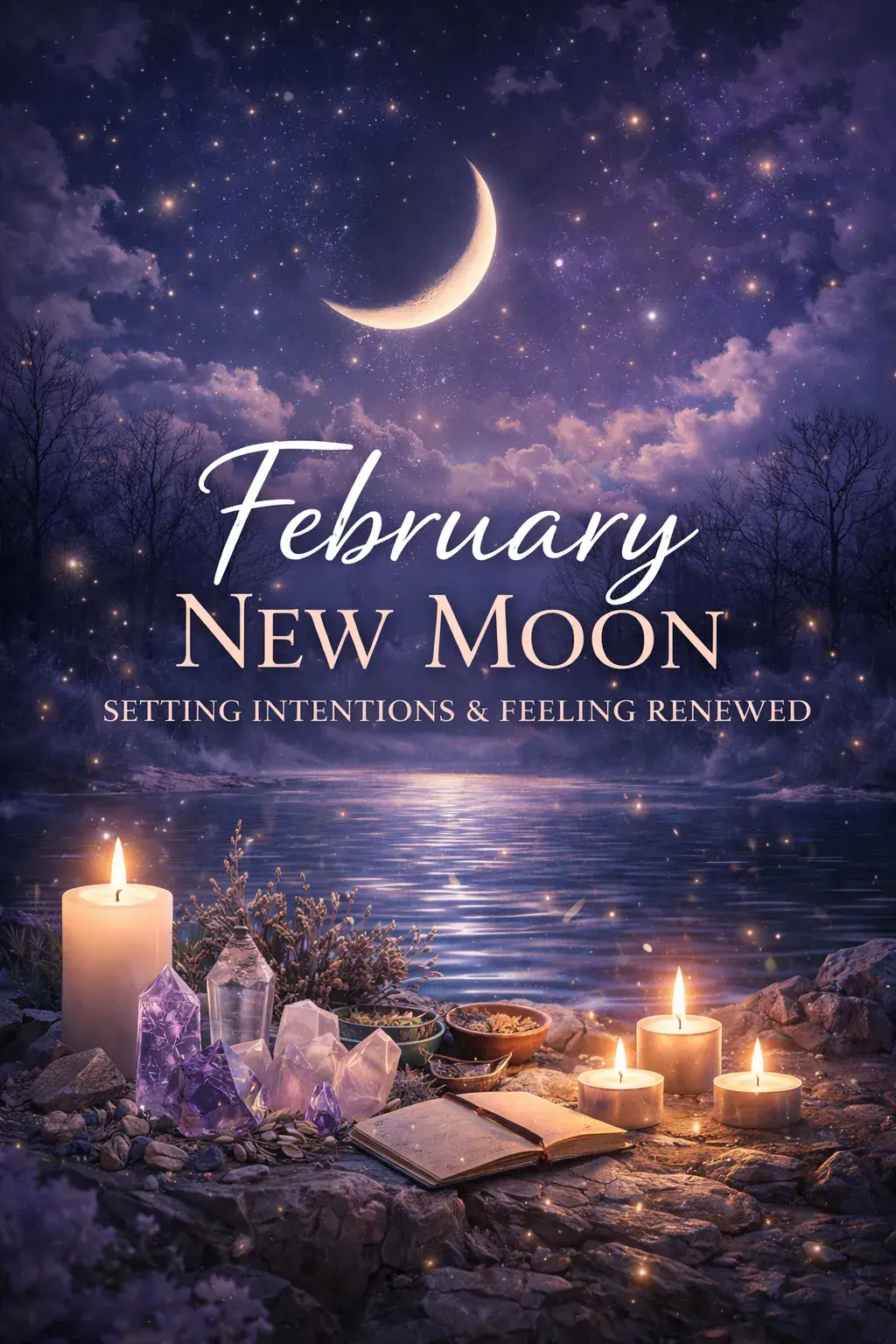 February new moon glowing softly in a dark sky, symbolizing emotional reset, new beginnings, and intention-setting energy.
