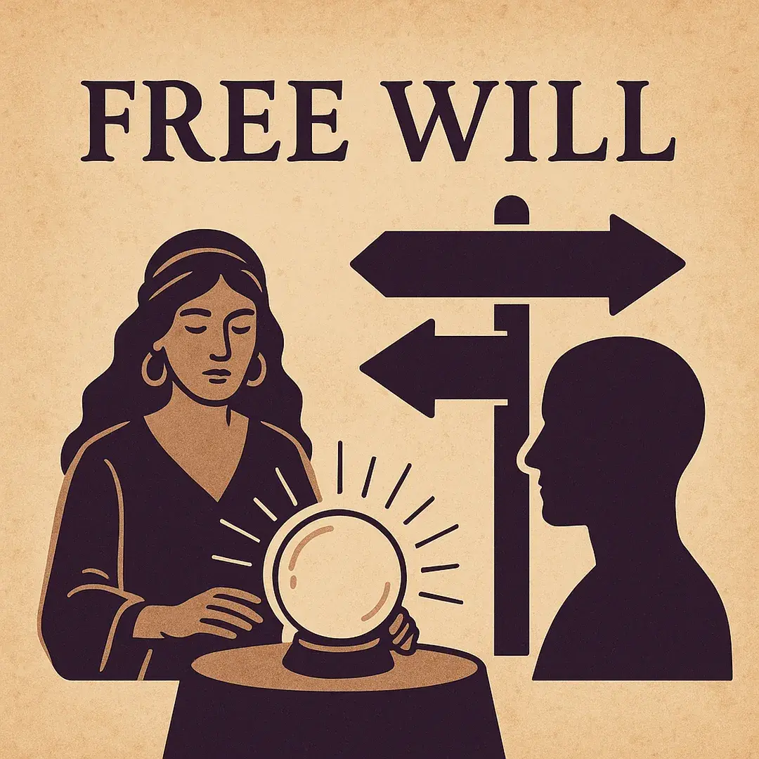 Vintage-style illustration of a psychic woman with a crystal ball beside a signpost, symbolizing free will and choice in psychic readings