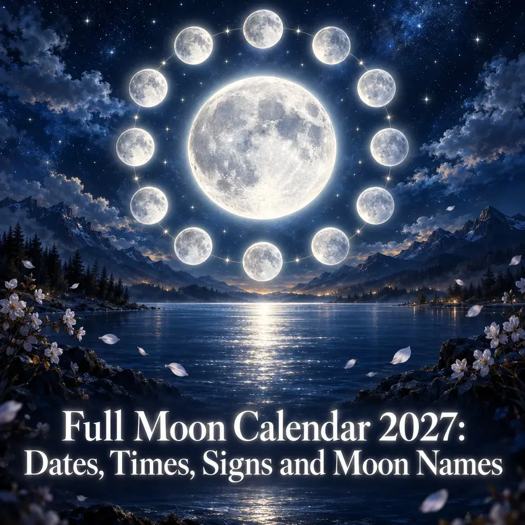 Full moon ringed by twelve smaller moons