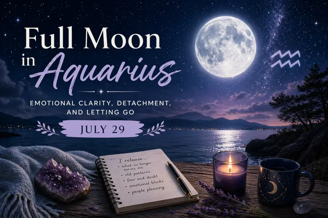 Full Moon in Aquarius July 29 over night sky symbolizing emotional clarity, detachment, and release