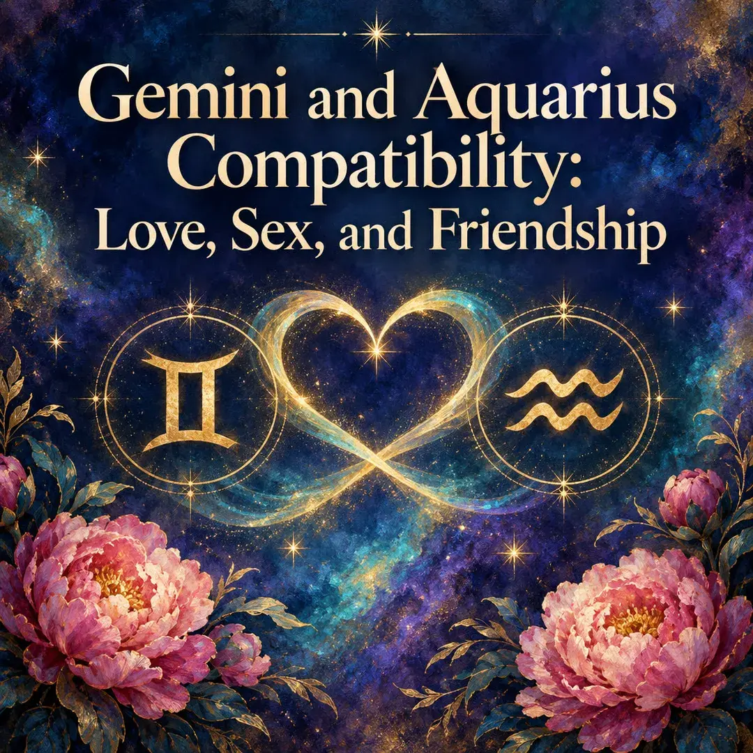 Gemini and Aquarius symbols joined by a glowing heart with peonies