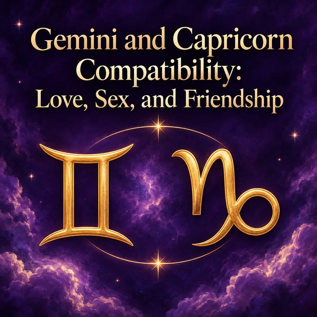 Gold Gemini and Capricorn symbols on a violet sky