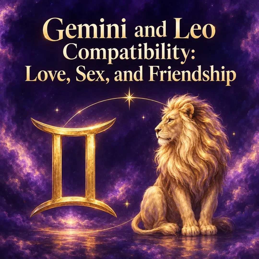 Gold Gemini symbol beside a golden lion on a violet sky