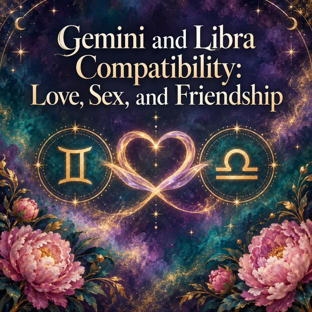 Gemini and Libra symbols joined by a glowing heart with peonies