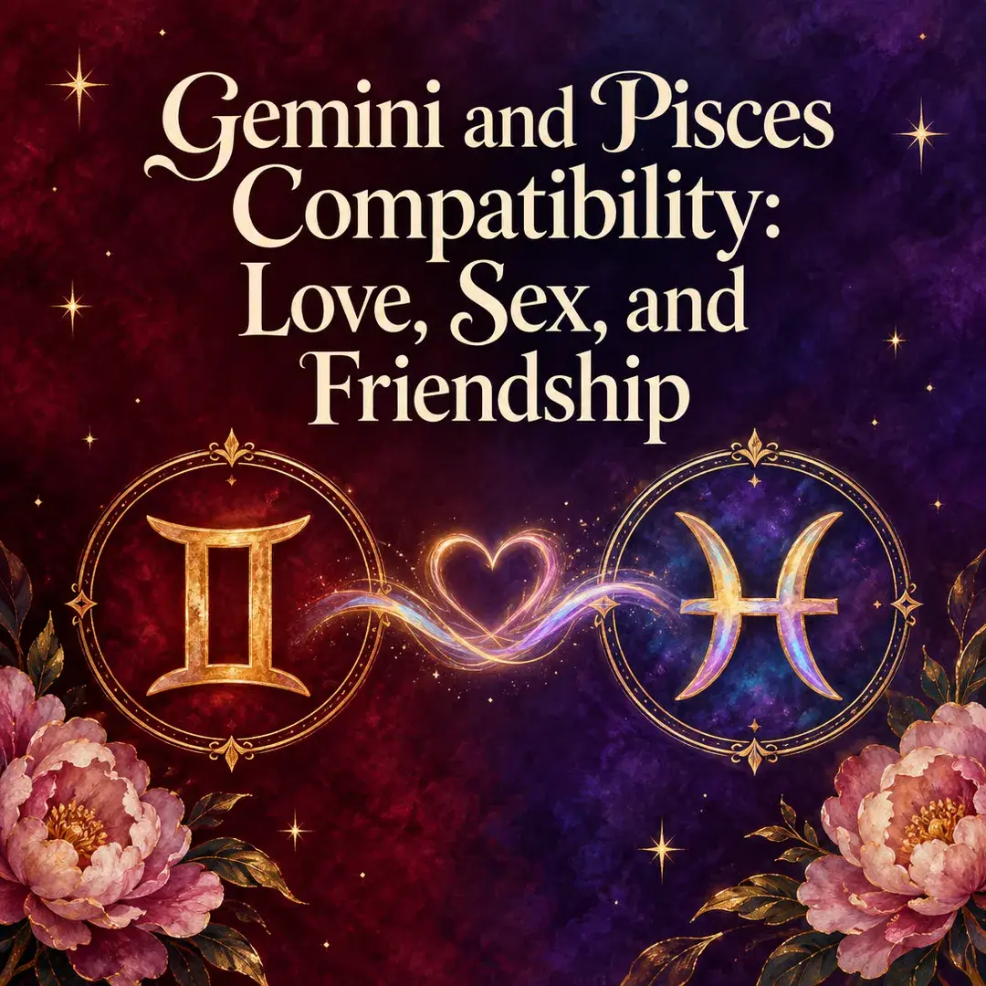 Gemini and Pisces symbols joined by a glowing heart