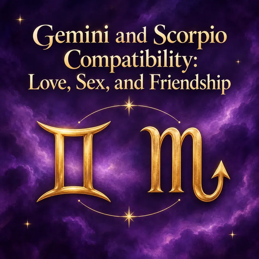 Gold Gemini and Scorpio symbols on a violet sky