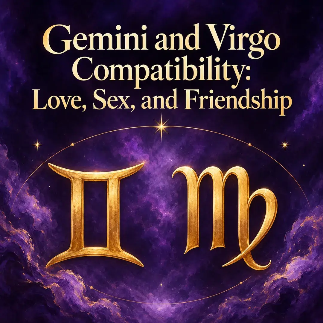 Gold Gemini and Virgo symbols on a violet sky
