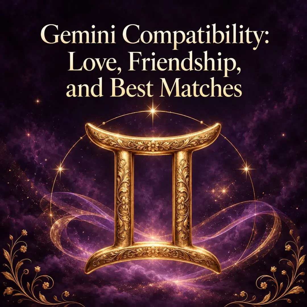 Ornate gold Gemini symbol glowing on a purple night sky