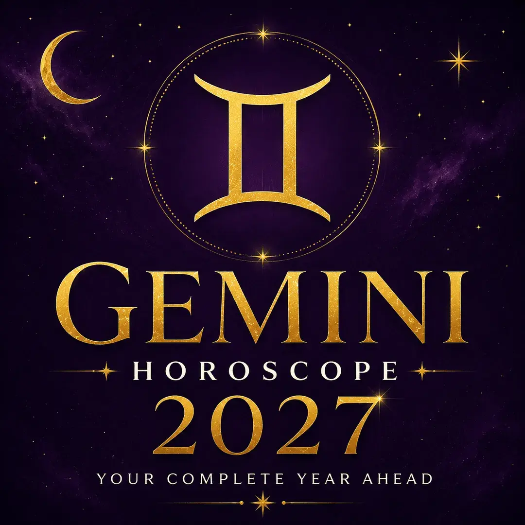 Gold Gemini zodiac symbol on a deep violet celestial background with “Gemini Horoscope 2027: Your Complete Year Ahead.”